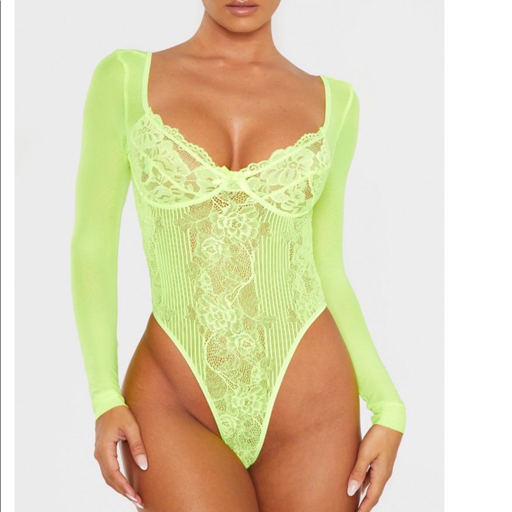 Neon Lime Long Sleeve Lace High Leg Cupped Body